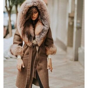 Alpaca Coat Crystal Real Genuine Fox Fur Hood Belted Long Luxury Winter Jacket
